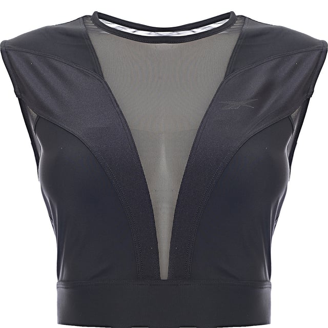 80% Polyamide, 20% Elastane Reebok's Butterfly sports bra panels mesh and stretch jersey fabric to aid breathability and movement