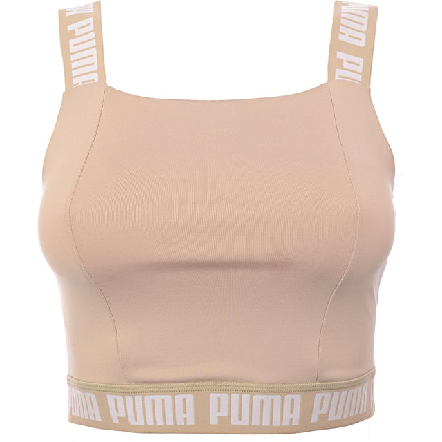 Main: 90% Polyester, Main: 10% Elastane. The Puma Training Strong crop top is a stylish and functional piece for your workout wardrobe. With its square neckline and stone-neutral color, it offers a chic look that doesn't sacrifice comfort or performance. The branding on the straps and band adds a bold touch, making it clear that you're wearing a piece designed for those who take their training seriously. Whether you're hitting the gym or just enjoying a casual day out, this crop top is sure to make a statement.