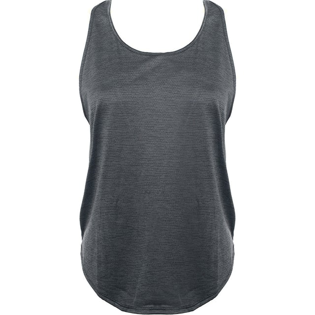 This item is made of 96% polyester and 4% elastane. It features a scoop neck, a sleeveless style, a mesh panel for added breathability, a racer back for a greater range of movement, a logo print on the reverse, a relaxed fit, and a loose cut.