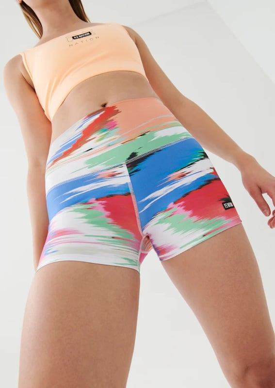 76% RECYCLED POLYESTER &amp; 24% ELASTANE. The high-rise style has an all-over custom digital print in vibrant colours, which makes each piece unique and are made from sustainable 'squatproof' fabric
