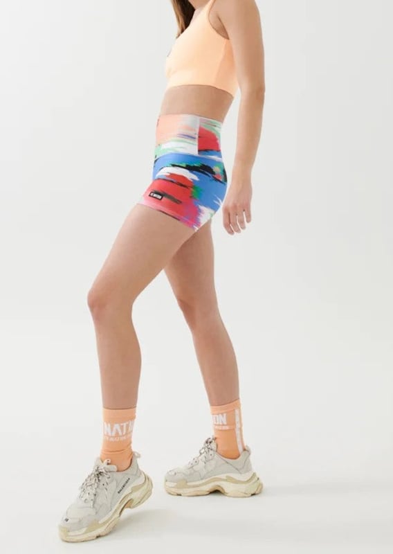 76% RECYCLED POLYESTER &amp; 24% ELASTANE. The high-rise style has an all-over custom digital print in vibrant colours, which makes each piece unique and are made from sustainable 'squatproof' fabric