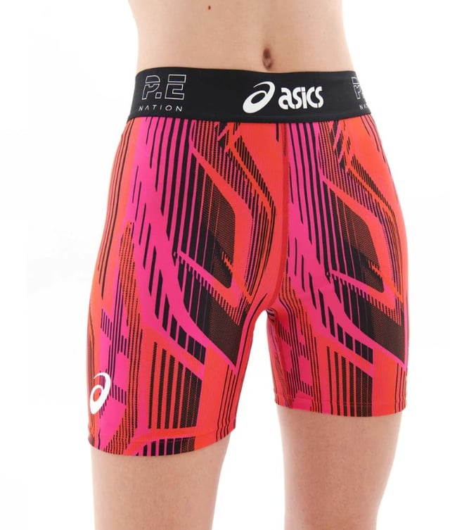 76% RECYCLED POLYESTER &amp; 24% ELASTANE. High rise 5" active bike short. Squat proof, recycled matte fabrication. P.E Nation &amp; ASICS Silicon printed elastic waistband