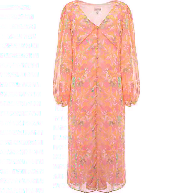 Main: 100% Polyester. The Pretty Lavish balloon sleeve midaxi dress in pink and orange abstract floral is a stunning piece that captures the essence of summer with its vibrant colors and airy design. The lightweight chiffon material, combined with the balloon sleeves and fabric-covered button detailing, offers a perfect blend of comfort and style. This dress is ideal for those sunny days out or a chic garden party, providing a fresh and summery feel that's both elegant and playful. Whether you're looking to make a fashion statement or simply enjoy the warm weather in style, this dress is sure to turn heads and uplift your spirits.????
