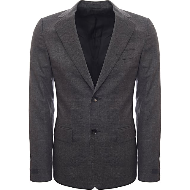 Outer: Virgin Wool 100%, Buffalo Horn 100%

Lining: Cupro 100%, Viscose 100% Highlights
navy blue
virgin wool
notched lapels
long sleeves
split cuffs
two front flap pockets
partial lining
straight hem
front button fastening