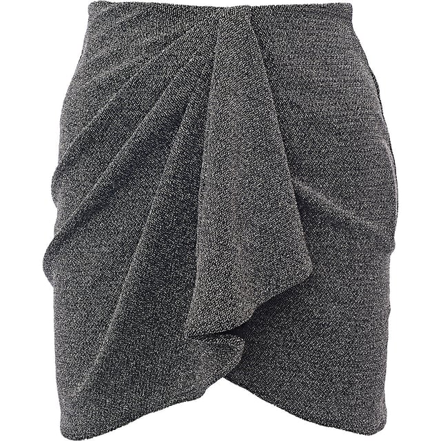 75% nylon, 20% polyethylene, 5% elastane Short black glitter skirt with a front pleat and in a fitted cut