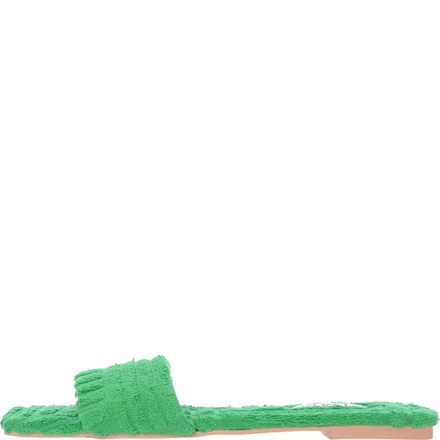 These slip-on shoes are made of textile with a textile lining and rubber sole, featuring an open toe and flat sole.