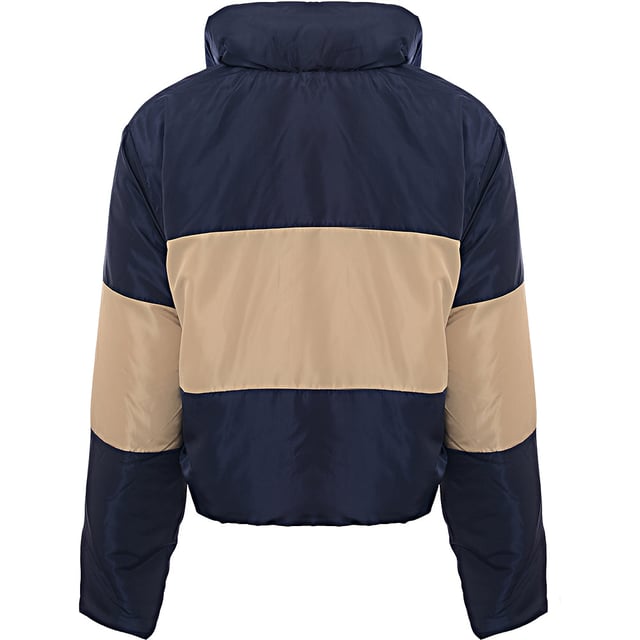 Main: 100% Polyester Stay warm and stylish with the I Saw it First cropped puffer jacket in a trendy colourblock design featuring navy and beige. Made from 100% polyester, this jacket offers excellent insulation and durability. The cropped length adds a modern twist, making it perfect for layering over your favorite outfits. The bold colourblock pattern ensures you stand out, while the puffer style provides cozy warmth during colder days. Whether you?re heading out for a casual day or a night out, this jacket is a versatile addition to your wardrobe.