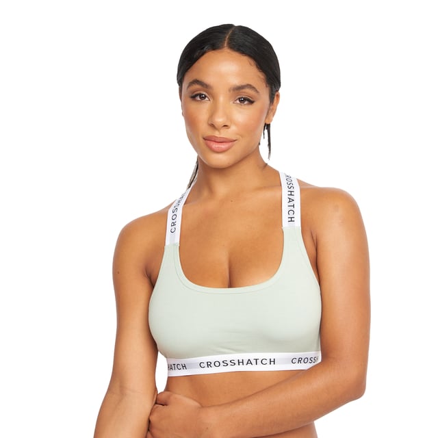 95% Cotton, 5% Elastane. Design: Logo. Branded Strap, Cropped, Non-Padded. Back Style: Racerback. Hem: Branded. Neckline: Scoop.