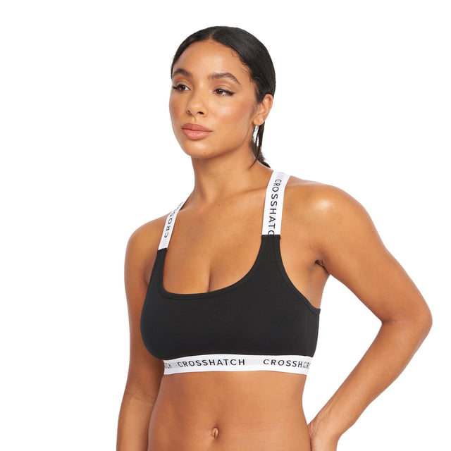 95% Cotton, 5% Elastane. Design: Logo. Branded Strap, Cropped, Non-Padded. Back Style: Racerback. Hem: Branded. Neckline: Scoop.