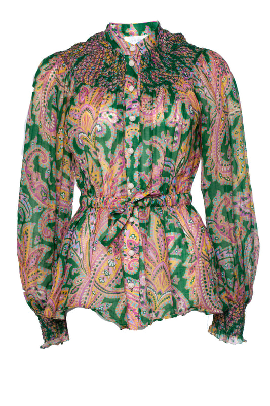 VINTAGE, RRP AS NEW
Zimmerman, paisley printed blouse. The item is in very good condition.
 • CONDITION: very good condition 

• SIZE: 1 - S 

• MEASUREMENTS: length 65 cm, width 48 cm, waist 40 cm, shoulder width 45 cm, sleeve length 62 cm

• MATERIAL: 100% rami 

• CARE: dry cleaning 

• COLOR: multicolor Measurments:  length: 650 mm