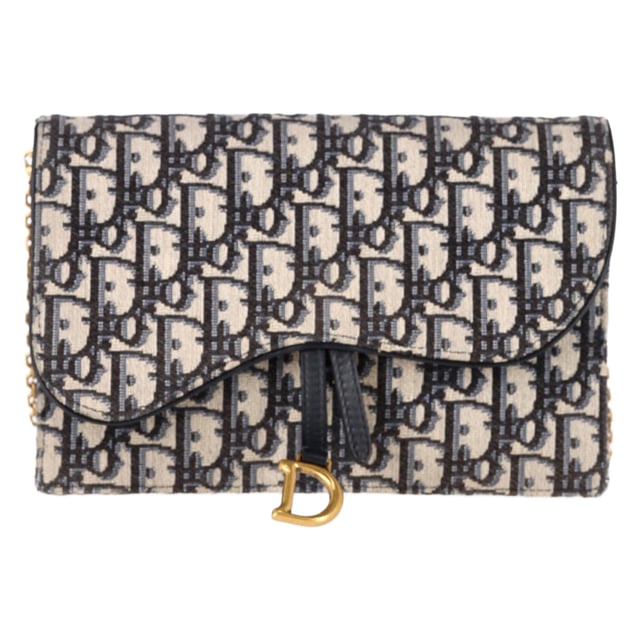Dior Medium Saddle Pouch with Chain in Navy Blue Canvas