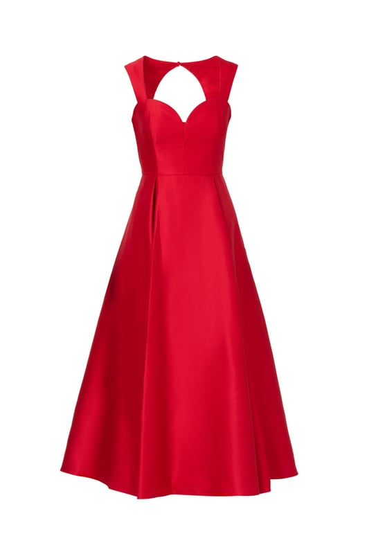 Classic elegance in a garment, this ankle-length sleeveless dress is constructed in crisp and lustrous Mikado fabric. Tailored details harken back to 50s couture with a sweetheart neckline and fit and flare silhouette. The back features a wide cutout at the top for a modern touch. A back zipper and side pockets finish the look.