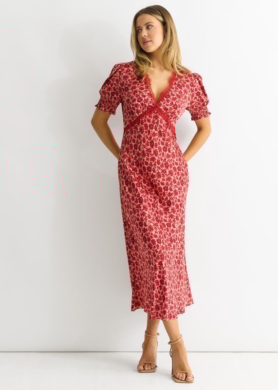 Rode V-hals midi-jurk met bloemenkanten