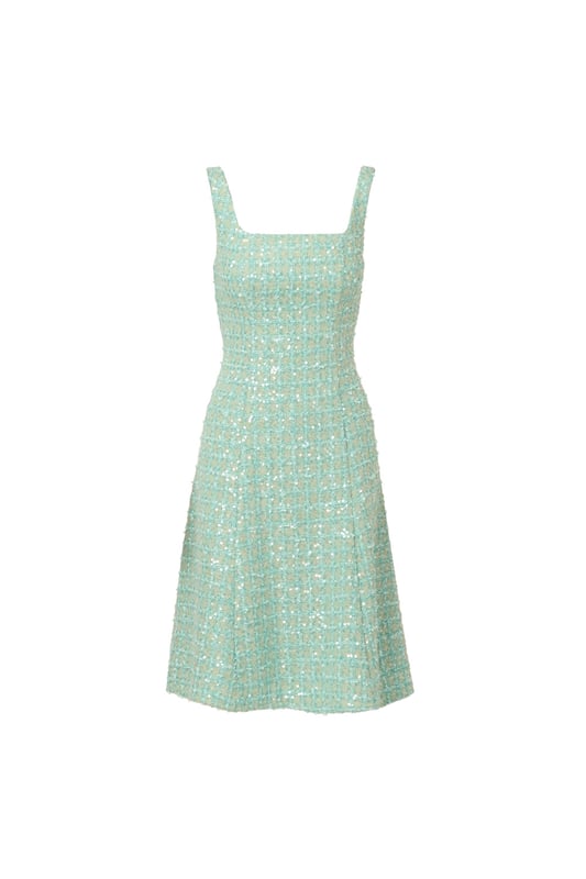 A square neckline and a fit-and-flare silhouette give this minty green womens midi dress a classic silhouette. The modern twist on the look is the pretty textured fabric. A tweed inspired boucle finished in sheer but shimmering sequins. The back zipper, princess seams, and a no-waist-seam construction give the bodice its sleek fit. Wear this cute sleeveless dress for a sparkly update on classic prim and polished style.