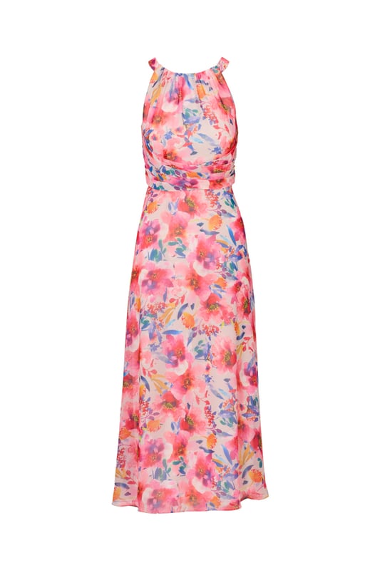 Bright and bold, this halter gown is a hit for every event. This formal dress features a halter bodice with shirred details, a soft skirt, and a self-tie waist. Crafted from floral printed chiffon fabric, this ankle-length dress has minimal stretch. A hidden zipper closure at the centre back of this dress completes the design. A pretty look for formal parties and black-tie weddings, this floral gown is a head-turner.
