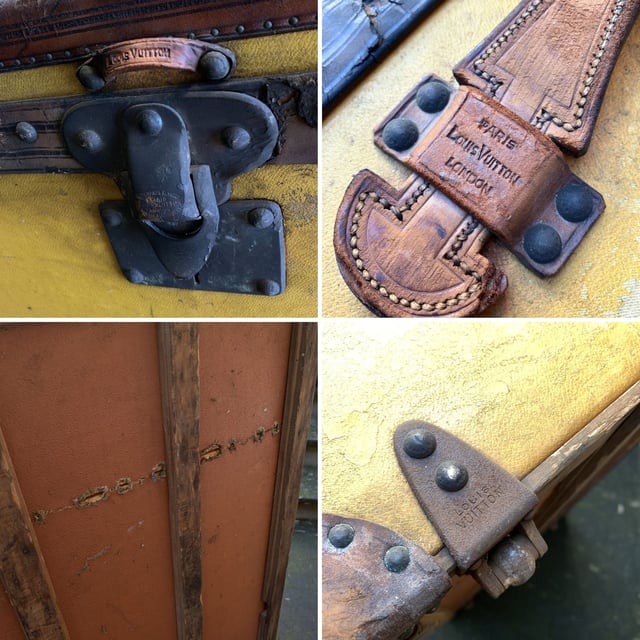 VINTAGE, RRP AS NEW
Step back in time and embrace a piece of history with this rare Louis Vuitton cabin travel trunk, dating back to the early 20th century (circa 1910-1920). Crafted from the iconic 'Vuittonite' canvas, this trunk showcases the craftsmanship and innovation that helped define Louis Vuitton's legacy. The chocolate leather trim and handles add a rich, classic touch to the piece, while the main lock, reinforced with two complementary trunk latches, reflects the brand's dedication to both style and security.  Inside, the trunk reveals its original beige canvas lining, with the inner lid studded for added structure and style. The presence of the original Louis Vuitton tag inside further solidifies its ity and historical significance. This trunk isn't just a functional travel piece; it's a timeless treasure, perfect for adding a sophisticated, vintage flair to your home or office decor. Own a tangible piece of Louis Vuitton history and experience the luxury of the past with this stunning, collectible trunk. Condition Rating: B - VERY GOOD CONDITIONCondition Details: The original orange color has turned to yellow with the effect of time and light. Many signs of darkness and scratches allover. Metal trim shows many cracks and came off in some point. Some green marks on metal parts. Leather trim has darkned and shows some cracks. Keys are missing. The interior shows some darkness and a hole on the lining, on the reverse of the lid. The interior tray is missing. Its general condition is very good, considering its age. Please keep in mind that the trunk dates back to the early twentieth century and therefore has signs of wear due to age and use. Please check the photos carefully and ask if you need to know more details or if you have any doubts.Measurements (cm):Depth: 33.0Height: 53.3Length: 100.3Other Details: Dustbag? NoKeys? NoBox? No Measurments:  width: 330 mm length: 1003 mm height: 533 mm