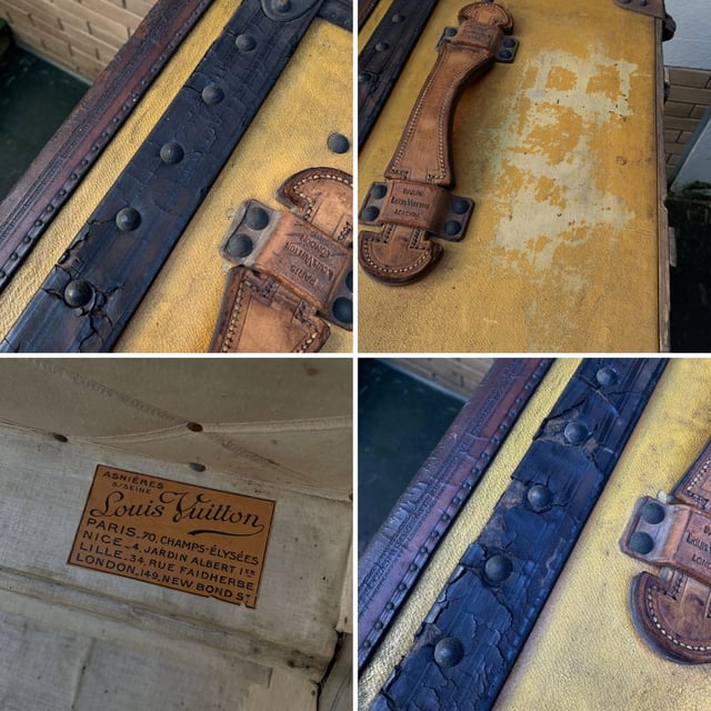 VINTAGE, RRP AS NEW
Step back in time and embrace a piece of history with this rare Louis Vuitton cabin travel trunk, dating back to the early 20th century (circa 1910-1920). Crafted from the iconic 'Vuittonite' canvas, this trunk showcases the craftsmanship and innovation that helped define Louis Vuitton's legacy. The chocolate leather trim and handles add a rich, classic touch to the piece, while the main lock, reinforced with two complementary trunk latches, reflects the brand's dedication to both style and security.  Inside, the trunk reveals its original beige canvas lining, with the inner lid studded for added structure and style. The presence of the original Louis Vuitton tag inside further solidifies its ity and historical significance. This trunk isn't just a functional travel piece; it's a timeless treasure, perfect for adding a sophisticated, vintage flair to your home or office decor. Own a tangible piece of Louis Vuitton history and experience the luxury of the past with this stunning, collectible trunk. Condition Rating: B - VERY GOOD CONDITIONCondition Details: The original orange color has turned to yellow with the effect of time and light. Many signs of darkness and scratches allover. Metal trim shows many cracks and came off in some point. Some green marks on metal parts. Leather trim has darkned and shows some cracks. Keys are missing. The interior shows some darkness and a hole on the lining, on the reverse of the lid. The interior tray is missing. Its general condition is very good, considering its age. Please keep in mind that the trunk dates back to the early twentieth century and therefore has signs of wear due to age and use. Please check the photos carefully and ask if you need to know more details or if you have any doubts.Measurements (cm):Depth: 33.0Height: 53.3Length: 100.3Other Details: Dustbag? NoKeys? NoBox? No Measurments:  width: 330 mm length: 1003 mm height: 533 mm