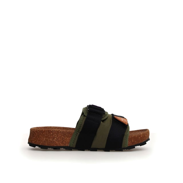 Slide sandals with adjustable straps and a durable technical nylon fabric band. Anatomical cork insole with superior moisture absorption and antibacterial properties for all-day comfort. Non-slip rubber sole ensures stability and durability.