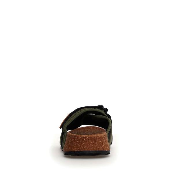 Slide sandals with adjustable straps and a durable technical nylon fabric band. Anatomical cork insole with superior moisture absorption and antibacterial properties for all-day comfort. Non-slip rubber sole ensures stability and durability.