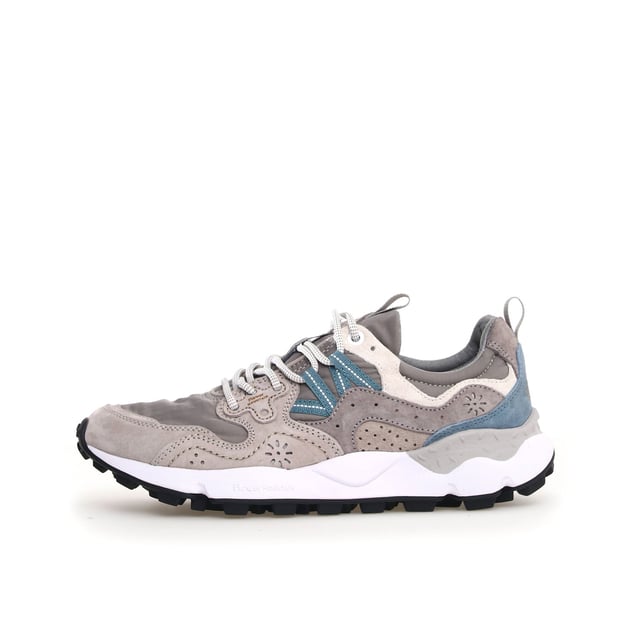 Flower Mountain Yamano 3 Grey Trainers Quintessentially Flower Mountain the Yamano 3 is an eye-catching eclectic urban design crafted from Japanese fabrics and suede overlay inserts. Inspired by the bright colours and motifs of nature. Perfect for those seeking quality and all-day comfort in the form of a contemporary expressive silhouette.