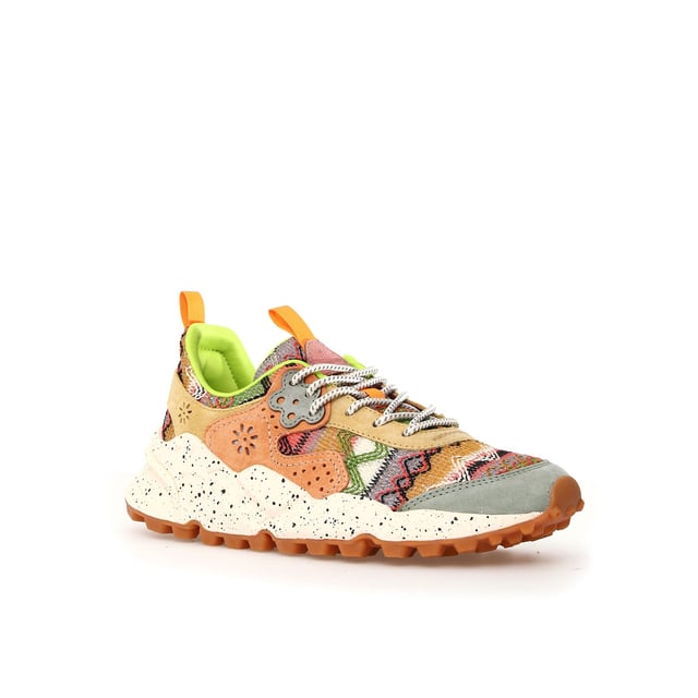 Sneaker with a breathable knitted fabric upper, featuring geometric embroidery and premium suede inserts. Soft fabric lining and antibacterial cork insole for enhanced comfort. Durable rubber sole for reliable traction and long-lasting wear.