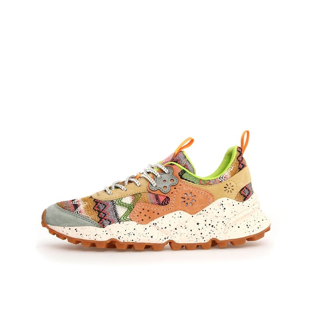 Sneaker with a breathable knitted fabric upper, featuring geometric embroidery and premium suede inserts. Soft fabric lining and antibacterial cork insole for enhanced comfort. Durable rubber sole for reliable traction and long-lasting wear.