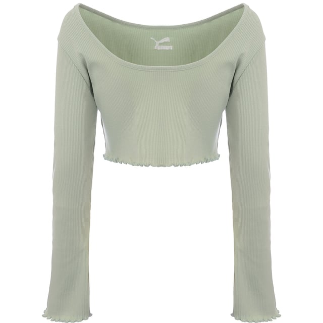 Main: 100% Cotton. The Puma Classic long flare sleeve scoop back crop top in light green is a stylish and versatile piece that's perfect for both active days and casual wear. Its form-fitting design and contrasting panels add a sporty touch, while the scoop back offers a hint of elegance. Made with a blend of cotton and elastane, it promises comfort and flexibility, making it an excellent addition to any wardrobe. Whether you're heading to the gym or meeting friends, this crop top combines fashion with function in the most delightful way.