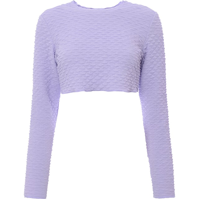 This top is made of 96% Polyester and 4% Elastane, featuring a crew neck, long sleeves, cropped length, and skinny fit.