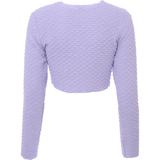 This top is made of 96% Polyester and 4% Elastane, featuring a crew neck, long sleeves, cropped length, and skinny fit.