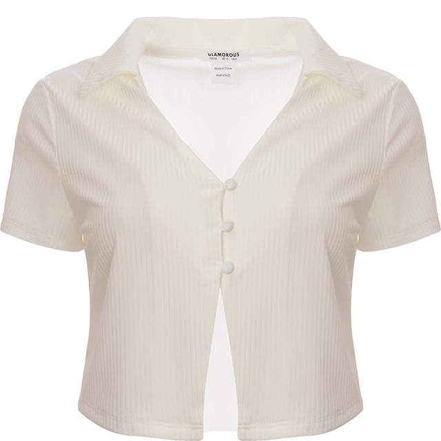 Body: 95% Polyester, Body: 5% Elastane. A glamorous button front crop top in white jersey is the epitome of chic simplicity. Its sleek design pairs effortlessly with high-waisted jeans or a flowing skirt, making it a versatile piece for any wardrobe. The crisp white hue exudes a fresh and clean vibe, perfect for sunny days out or elegant evenings. With its snug fit, it accentuates the silhouette while the button details add a touch of classic charm. This top is not just a garment; it's a statement of effortless style and comfort.
