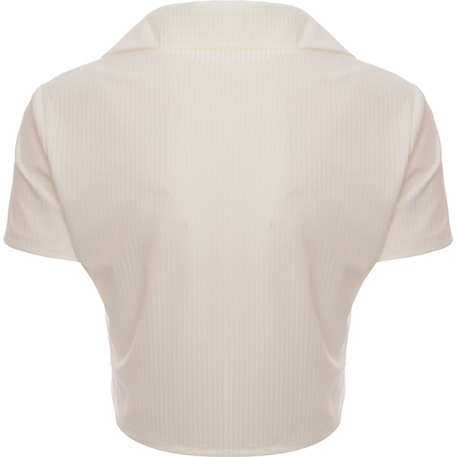 Body: 95% Polyester, Body: 5% Elastane. A glamorous button front crop top in white jersey is the epitome of chic simplicity. Its sleek design pairs effortlessly with high-waisted jeans or a flowing skirt, making it a versatile piece for any wardrobe. The crisp white hue exudes a fresh and clean vibe, perfect for sunny days out or elegant evenings. With its snug fit, it accentuates the silhouette while the button details add a touch of classic charm. This top is not just a garment; it's a statement of effortless style and comfort.