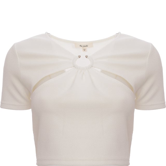 Body: 95% Polyester, Body: 5% Elastane. The Frolic cut-out detail crop top is a stunning piece that embodies modern fashion with a daring twist. Its crisp white hue complements the bold v-neck design, while the ring and cut-out details add an edgy touch. The cropped length and slim fit accentuate the silhouette, making it a perfect choice for daywear that stands out. This top is not just clothing; it's a statement piece that says you're confident, stylish, and unafraid to push boundaries.