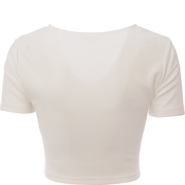 Body: 95% Polyester, Body: 5% Elastane. The Frolic cut-out detail crop top is a stunning piece that embodies modern fashion with a daring twist. Its crisp white hue complements the bold v-neck design, while the ring and cut-out details add an edgy touch. The cropped length and slim fit accentuate the silhouette, making it a perfect choice for daywear that stands out. This top is not just clothing; it's a statement piece that says you're confident, stylish, and unafraid to push boundaries.