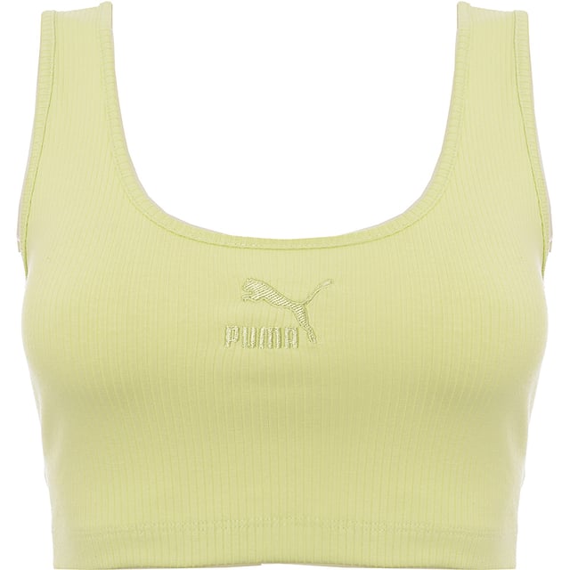 Main: 39% Polyester, Main: 58% Cotton, Main: 3% Elastane. The Puma Classics ribbed bralette in lime green is a vibrant and stylish choice for anyone looking to add a pop of color to their wardrobe. Its thick straps offer ample support, while the scooped back design adds a touch of elegance, making it perfect for both athletic activities and casual wear. This piece not only stands out for its bold hue but also for its comfort and versatility, embodying the essence of Puma's commitment to combining fashion with function.