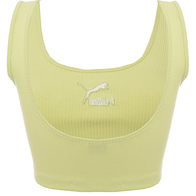 Main: 39% Polyester, Main: 58% Cotton, Main: 3% Elastane. The Puma Classics ribbed bralette in lime green is a vibrant and stylish choice for anyone looking to add a pop of color to their wardrobe. Its thick straps offer ample support, while the scooped back design adds a touch of elegance, making it perfect for both athletic activities and casual wear. This piece not only stands out for its bold hue but also for its comfort and versatility, embodying the essence of Puma's commitment to combining fashion with function.