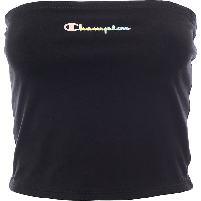 This bandeau top by Champion is made from 90% cotton and 10% spandex, featuring a logo print on the chest, a cropped length, and a slim fit.