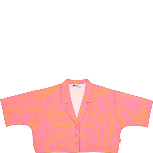 Main: 100% Polyester. The Fila swirl print cropped shirt is a vibrant fashion statement, featuring a playful pink and orange swirl pattern that's sure to turn heads. Its open collar design adds a touch of casual sophistication, while the long sleeves provide a comfortable fit for any season. This shirt is perfect for those who love to stand out in a crowd with a bold, retro-inspired look. Whether you're out with friends or enjoying a day in the city, this piece is a fun addition to any wardrobe.