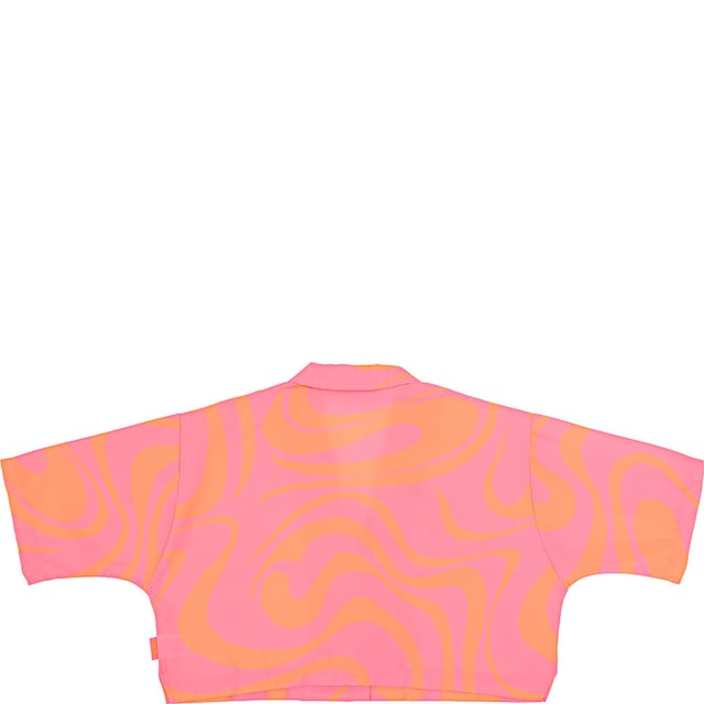 Main: 100% Polyester. The Fila swirl print cropped shirt is a vibrant fashion statement, featuring a playful pink and orange swirl pattern that's sure to turn heads. Its open collar design adds a touch of casual sophistication, while the long sleeves provide a comfortable fit for any season. This shirt is perfect for those who love to stand out in a crowd with a bold, retro-inspired look. Whether you're out with friends or enjoying a day in the city, this piece is a fun addition to any wardrobe.