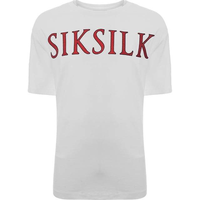 Main: 100% Cotton. The Siksilk oversized t-shirt in white with a red rhinestone logo is a bold fashion statement that combines comfort with a touch of luxury. The sparkling red rhinestones add a pop of color and a bit of glamour to the classic white tee, making it a versatile piece that can be dressed up or down. Whether you're going out with friends or just want to add some flair to your casual wear, this t-shirt is sure to turn heads and make a lasting impression.