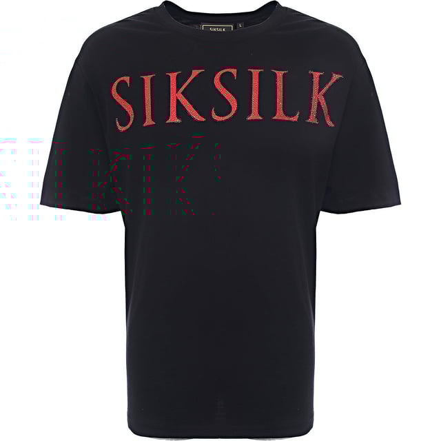 Main: 100% Cotton. The Siksilk oversized t-shirt in black with a red rhinestone logo is a bold fashion statement that combines comfort with a touch of luxury. The sparkling red rhinestones add a pop of color and a bit of glamour to the classic black tee, making it a versatile piece that can be dressed up or down. Whether you're going out with friends or just want to add some flair to your casual wear, this t-shirt is sure to turn heads and make a lasting impression.