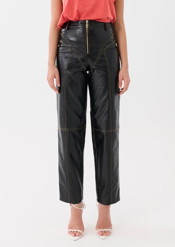100% PU. High rise, straight leg fashion trousers. Sculpted contrast muted yellow stitching. P.E Nation gold-plated centre-front zipper. Soft PU fabrication