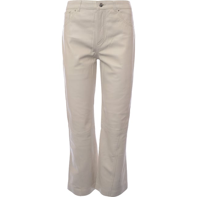 Main: 100% Leather. High-waisted, wide-leg leather trousers in eggshell are the epitome of chic sophistication. With their trendy silhouette, they offer a flattering fit that elongates the legs and accentuates the waist. The addition of pockets combines practicality with style, ensuring that essentials are always within reach while maintaining a sleek and modern look. This piece is a versatile addition to any wardrobe, perfect for making a statement while embracing comfort and elegance.