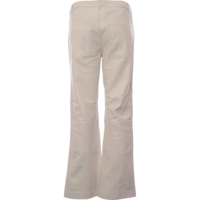 Main: 100% Leather. High-waisted, wide-leg leather trousers in eggshell are the epitome of chic sophistication. With their trendy silhouette, they offer a flattering fit that elongates the legs and accentuates the waist. The addition of pockets combines practicality with style, ensuring that essentials are always within reach while maintaining a sleek and modern look. This piece is a versatile addition to any wardrobe, perfect for making a statement while embracing comfort and elegance.