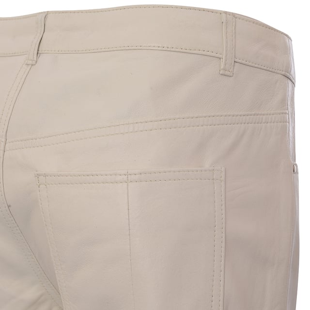 Main: 100% Leather. High-waisted, wide-leg leather trousers in eggshell are the epitome of chic sophistication. With their trendy silhouette, they offer a flattering fit that elongates the legs and accentuates the waist. The addition of pockets combines practicality with style, ensuring that essentials are always within reach while maintaining a sleek and modern look. This piece is a versatile addition to any wardrobe, perfect for making a statement while embracing comfort and elegance.