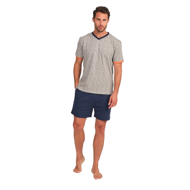 Enjoy a restful night's sleep in this stylish and comfortable men's pyjama set. Designed to provide maximum comfort without compromising on style, this men's pyjama set combines a short-sleeved T-shirt with shorts, perfect for lazy nights and relaxing at home.

 Details:

 T-shirt:
 - Relaxed fit.
 - V-neck.
 - Short sleeve.
 - Lightweight and breathable fabric.

 Short:
 - Short and baggy.
 - Side pockets.
 - Adjustable elastic waistband with drawstring.
 - Light and cool fabric for the warmest nights.
 - Tone-on-tone visible seams.

 For those seeking a restful night's sleep, J and J Brothers's luxurious short sleeve pyjama sets are just the ticket. Crafted from the finest fabrics and with an attention to detail unmatched in the industry, these comfortable and stylish men's short sleeve pyjamas will ensure you get a luxurious night's sleep each and every night.
 Composition: T-shirt: 100% Cotton; Shorts: 90% Cotton, 100% Cotton
 Care:
Machine wash max. 30ºC.
 Use mild detergent.
 Avoid bleaches.
 Dry at low temperature.
 Iron at low temperature.