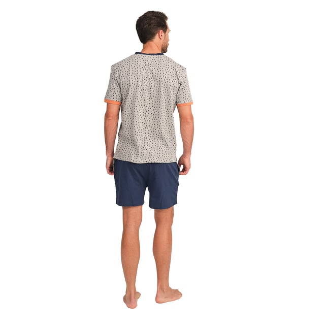 Enjoy a restful night's sleep in this stylish and comfortable men's pyjama set. Designed to provide maximum comfort without compromising on style, this men's pyjama set combines a short-sleeved T-shirt with shorts, perfect for lazy nights and relaxing at home.

 Details:

 T-shirt:
 - Relaxed fit.
 - V-neck.
 - Short sleeve.
 - Lightweight and breathable fabric.

 Short:
 - Short and baggy.
 - Side pockets.
 - Adjustable elastic waistband with drawstring.
 - Light and cool fabric for the warmest nights.
 - Tone-on-tone visible seams.

 For those seeking a restful night's sleep, J and J Brothers's luxurious short sleeve pyjama sets are just the ticket. Crafted from the finest fabrics and with an attention to detail unmatched in the industry, these comfortable and stylish men's short sleeve pyjamas will ensure you get a luxurious night's sleep each and every night.
 Composition: T-shirt: 100% Cotton; Shorts: 90% Cotton, 100% Cotton
 Care:
Machine wash max. 30ºC.
 Use mild detergent.
 Avoid bleaches.
 Dry at low temperature.
 Iron at low temperature.