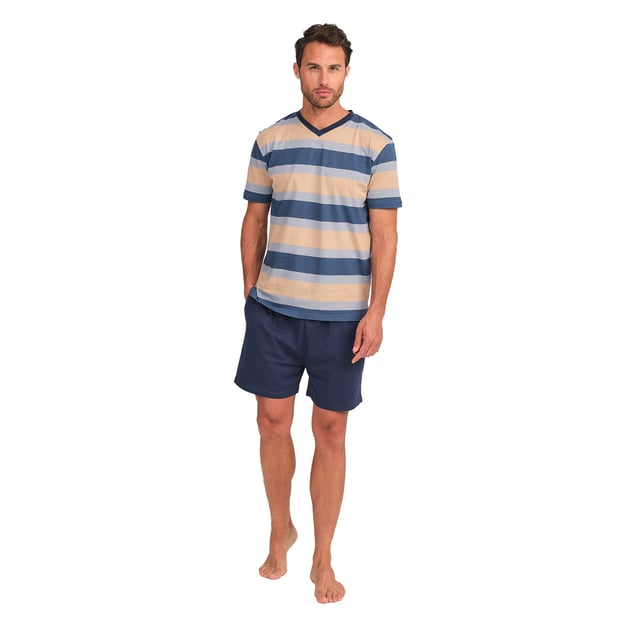 Enjoy a restful night's sleep in this stylish and comfortable men's pyjama set. Designed to provide maximum comfort without compromising on style, this men's pyjama set combines a short-sleeved T-shirt with shorts, perfect for lazy nights and relaxing at home.

 Details:

 T-shirt:
 - Relaxed fit.
 - V-neck.
 - Short sleeve.
 - Lightweight and breathable fabric.

 Short:
 - Short and baggy.
 - Side pockets.
 - Adjustable elastic waistband with drawstring.
 - Light and cool fabric for the warmest nights.
 - Tone-on-tone visible seams.

 For those seeking a restful night's sleep, J and J Brothers's luxurious short sleeve pyjama sets are just the ticket. Crafted from the finest fabrics and with an attention to detail unmatched in the industry, these comfortable and stylish men's short sleeve pyjamas will ensure you get a luxurious night's sleep each and every night.
 Composition: T-shirt: 100% Cotton; Shorts: 100% Cotton
 Care:
Machine wash max. 30ºC.
 Use mild detergent.
 Avoid bleaches.
 Dry at low temperature.
 Iron at low temperature.