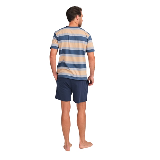 Enjoy a restful night's sleep in this stylish and comfortable men's pyjama set. Designed to provide maximum comfort without compromising on style, this men's pyjama set combines a short-sleeved T-shirt with shorts, perfect for lazy nights and relaxing at home.

 Details:

 T-shirt:
 - Relaxed fit.
 - V-neck.
 - Short sleeve.
 - Lightweight and breathable fabric.

 Short:
 - Short and baggy.
 - Side pockets.
 - Adjustable elastic waistband with drawstring.
 - Light and cool fabric for the warmest nights.
 - Tone-on-tone visible seams.

 For those seeking a restful night's sleep, J and J Brothers's luxurious short sleeve pyjama sets are just the ticket. Crafted from the finest fabrics and with an attention to detail unmatched in the industry, these comfortable and stylish men's short sleeve pyjamas will ensure you get a luxurious night's sleep each and every night.
 Composition: T-shirt: 100% Cotton; Shorts: 100% Cotton
 Care:
Machine wash max. 30ºC.
 Use mild detergent.
 Avoid bleaches.
 Dry at low temperature.
 Iron at low temperature.