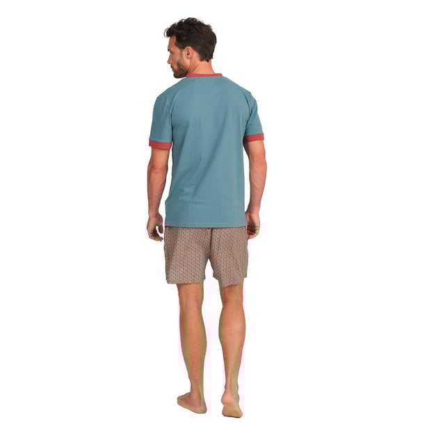 Enjoy a restful night's sleep in this stylish and comfortable men's pyjama set. Designed to provide maximum comfort without compromising on style, this men's pyjama set combines a short-sleeved T-shirt with shorts, perfect for lazy nights and relaxing at home.

 Details:

 T-shirt:
 - Relaxed fit.
 - V-neck.
 - Short sleeve.
 - Lightweight and breathable fabric.

 Short:
 - Short and baggy.
 - Side pockets.
 - Adjustable elastic waistband with drawstring.
 - Light and cool fabric for the warmest nights.
 - Tone-on-tone visible seams.

 For those seeking a restful night's sleep, J and J Brothers's luxurious short sleeve pyjama sets are just the ticket. Crafted from the finest fabrics and with an attention to detail unmatched in the industry, these comfortable and stylish men's short sleeve pyjamas will ensure you get a luxurious night's sleep each and every night.
 Composition: T-shirt: 100% Cotton; Shorts: 100% Viscose
 Care:
Machine wash max. 30ºC.
 Use mild detergent.
 Avoid bleaches.
 Dry at low temperature.
 Iron at low temperature.