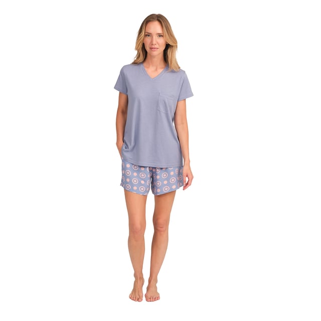 This short-sleeved women's pajama set is perfect for those looking for comfort without sacrificing style. Its modern and relaxed design, together with soft and breathable materials, make it ideal for resting in total comfort.

 Details:

 T-shirt:
 - Relaxed fit.
 - V-neck.
 - Short sleeve.
 - Front pocket.
 - Soft and light fabric.

 Short:
 - Short and baggy.
 - Side pockets.
 - Adjustable elastic waistband with drawstring.
 - Light and cool fabric for the warmest nights.

 For those seeking a restful night's sleep, J and J Brothers's luxurious short sleeve pajama sets are just the ticket. Crafted from the finest fabrics and with an attention to detail unmatched in the industry, these comfortable and stylish short sleeve pajamas for women will ensure you sleep in luxury each and every night.

 If you are one of those who gives capital importance to having good women's summer pajamas, you are in the right place.
 Composition: T-shirt: 50% Cotton, 50% Modal; Shorts: 100% Viscose
 Care:
Machine wash max. 30ºC.
 Use mild detergent.
 Avoid bleaches.
 Dry at low temperature.
 Iron at low temperature.